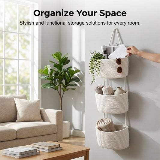 🧺✨Nástěnný úložný organizér – 3patrový, boho styl, úsporný 🏡