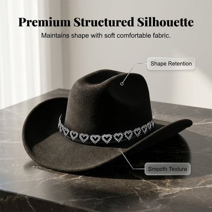 🔥👒Dámský kovbojský klobouk se srdíčky ze strassů – Elegantní francouzský jazzový fedora