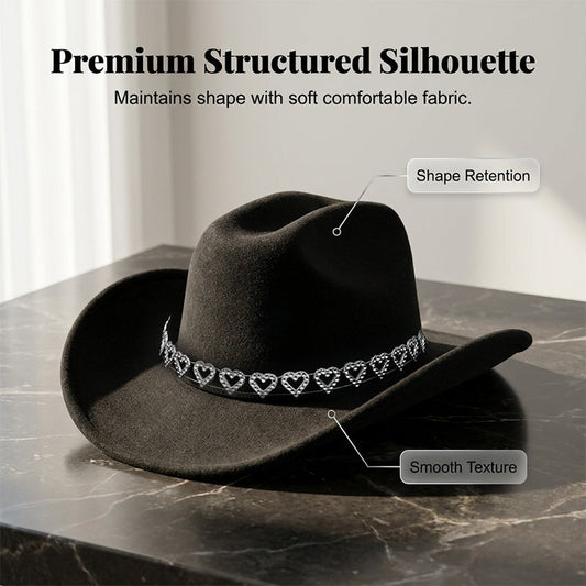 🔥👒Dámský kovbojský klobouk se srdíčky ze strassů – Elegantní francouzský jazzový fedora
